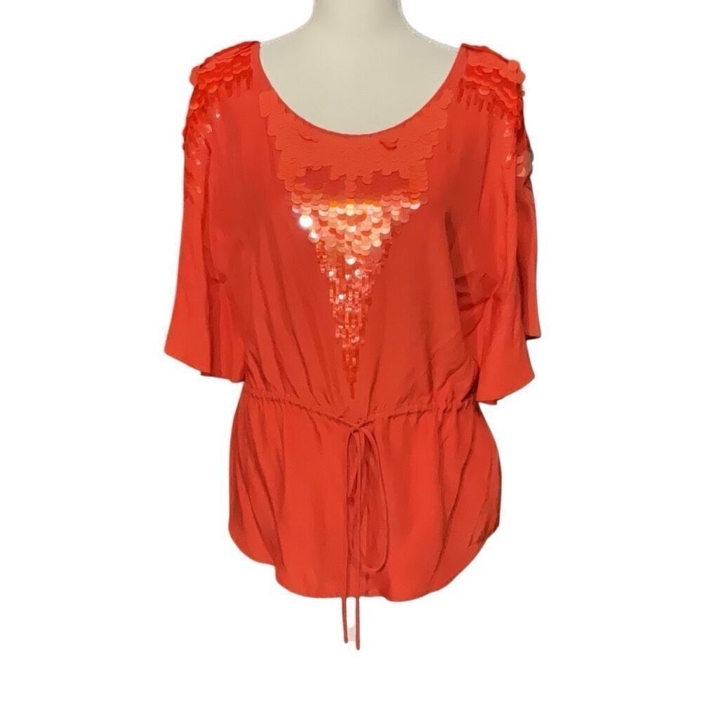 Yoana Baraschi NWT Orange 100% Silk Sequined Blouse Drawstring Waist Sz Small
